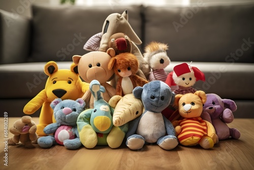 Colorful Collection of Soft Stuffed Animals on the Floor in Front of a Comfortable Couch Generative AI