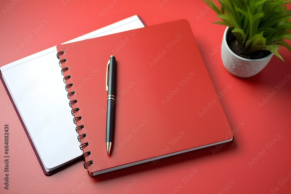 Red Notebook with Pen and Plant on Top, Perfect for Journaling and Note-Taking in a Natural Setting Generative AI Red Notebook with Pen and Plant on Top, Perfect for Journaling and Note-Taking in a Natural Setting Generative AI