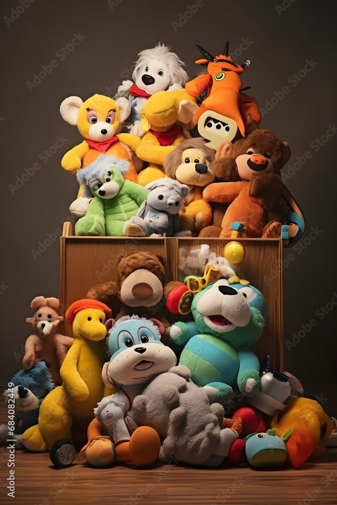 Assorted Stuffed Animals in a Rustic Wooden Box - Cute and Colorful Plush Toys for Kids' Playtime and Decorative Display Generative AI Assorted Stuffed Animals in a Rustic Wooden Box - Cute and Colorful Plush Toys for Kids' Playtime and Decorative Display Generative AI