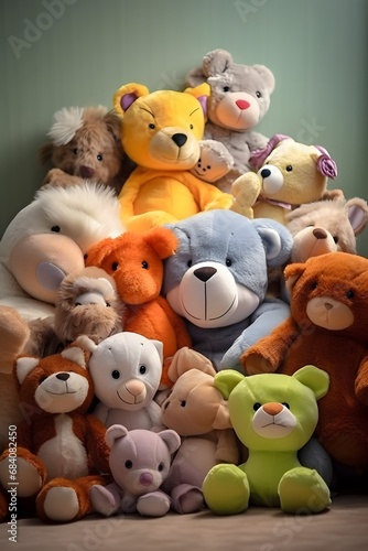 Group of Colorful Stuffed Animals Sitting Together on the Floor in a Playroom Generative AI