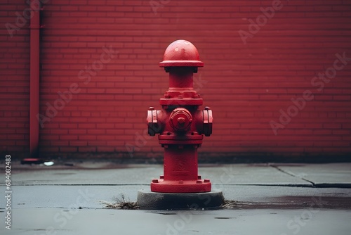 Red Fire Hydrant Standing Tall on Sidewalk Against Brick Wall Background Generative AI photo