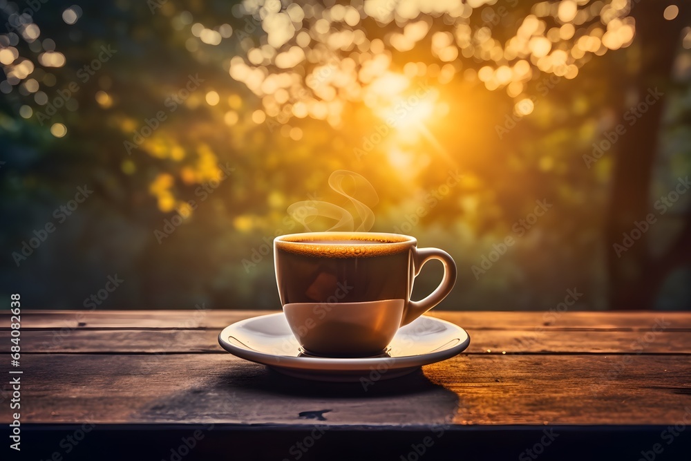 Morning Brew A Cup of Freshly Brewed Coffee on a Rustic Wooden Table with Saucer Generative AI Morning Brew A Cup of Freshly Brewed Coffee on a Rustic Wooden Table with Saucer Generative AI