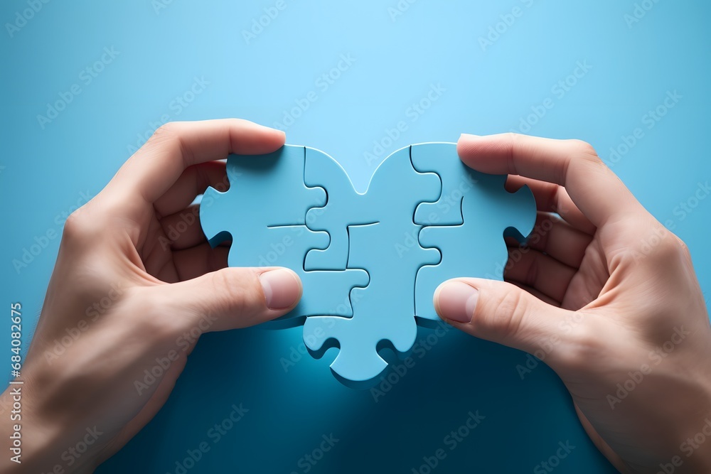 Close-up of a person's hands holding a missing puzzle piece, ready to complete the final picture Generative AI Close-up of a person's hands holding a missing puzzle piece, ready to complete the final picture Generative AI
