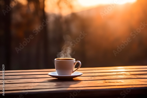 Cozy Evening with a Cup of Coffee on a Rustic Wooden Table as the Sun Sets in the Background Generative AI
