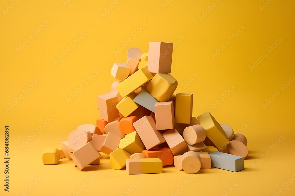 Colorful Wooden Blocks Stacked on Vibrant Yellow Surface for Creative Play and Learning Generative AI