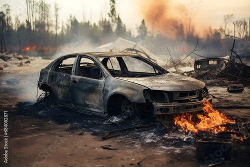 Devastating aftermath of a wildfire Burnt-out car amidst charred landscape with raging flames in the distance. Generative AI © riya