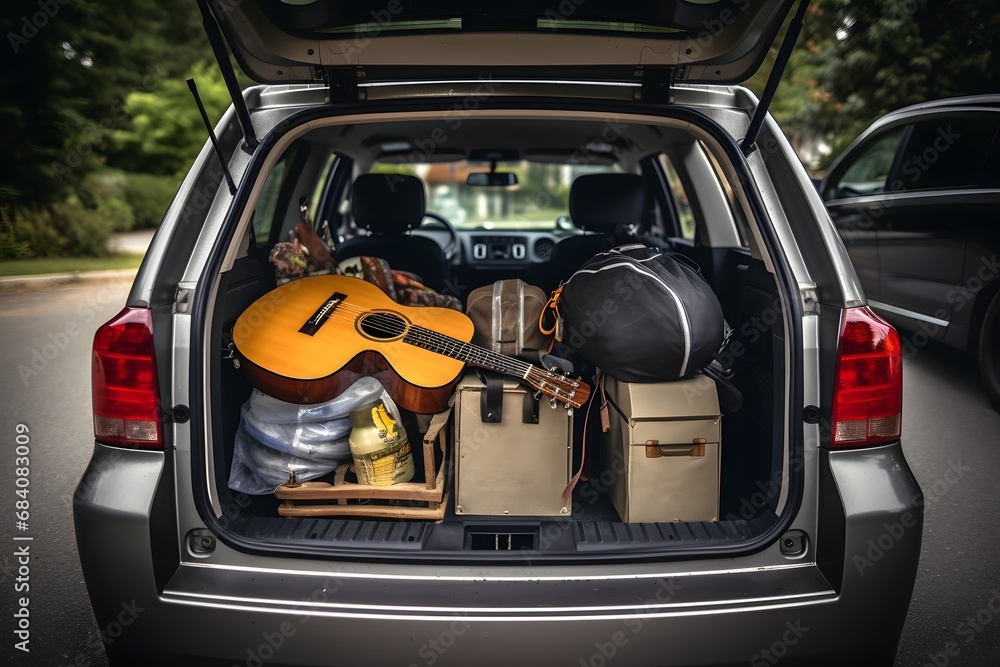 Musical Road Trip Guitar and Gear Packed in the Back of a Car for a Jamming Adventure Generative AI Musical Road Trip Guitar and Gear Packed in the Back of a Car for a Jamming Adventure Generative AI
