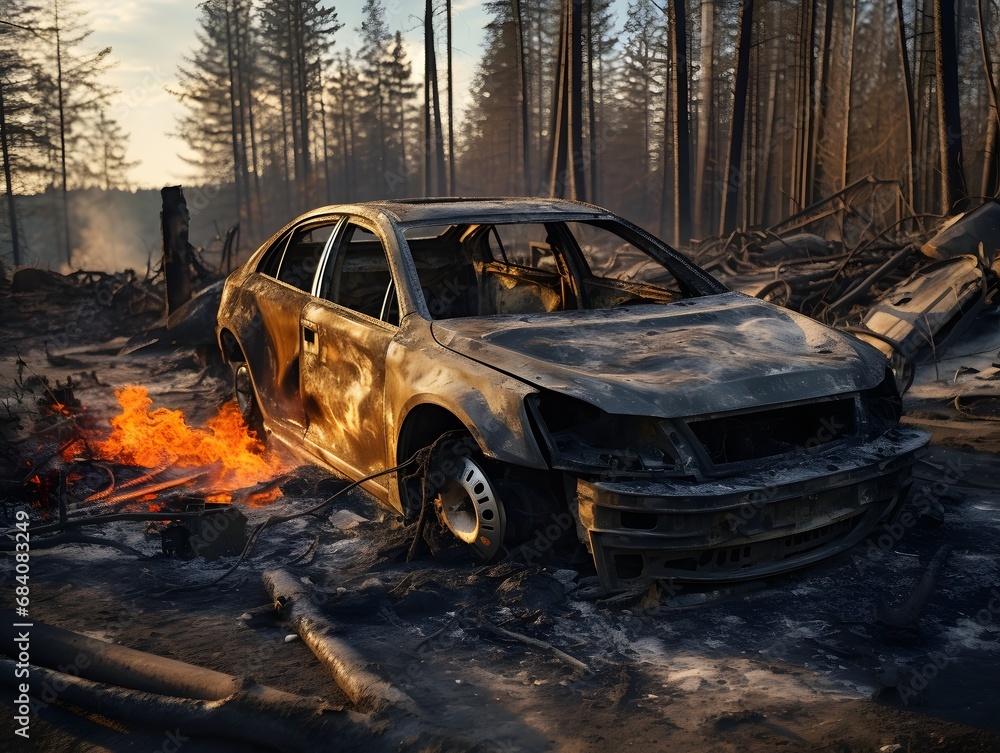 Devastating aftermath of forest fire Burnt-out car amidst charred trees and raging flames in the distance. Generative AI