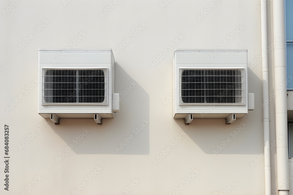 Efficient Cooling Solutions for Your Home Dual Air Conditioners Mounted on a Wall Against a Clear Blue Sky Generative AI Efficient Cooling Solutions for Your Home Dual Air Conditioners Mounted on a Wall Against a Clear Blue Sky Generative AI