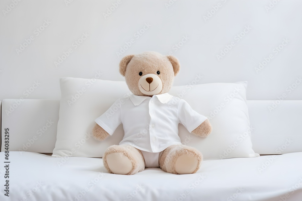 Cozy Teddy Bear Relaxing on a Bed with Soft Pillows in a Warm and Inviting Bedroom Scene for Comfort and Restful Sleep Generative AI