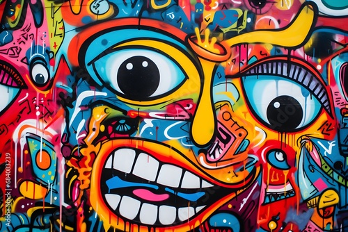 Vibrant and Expressive Graffiti Art Featuring a Multicolored Face on a Brick Wall Generative AI