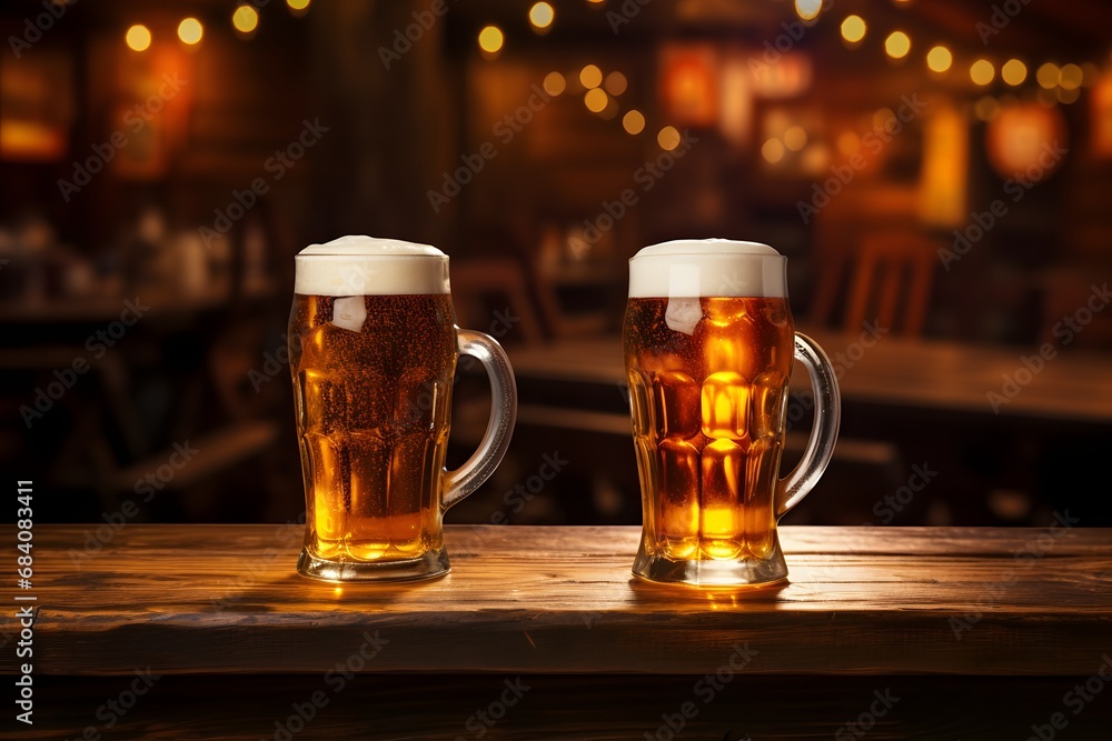 Two Refreshing Glasses of Beer on a Wooden Table in a Cozy Pub Setting Generative AI