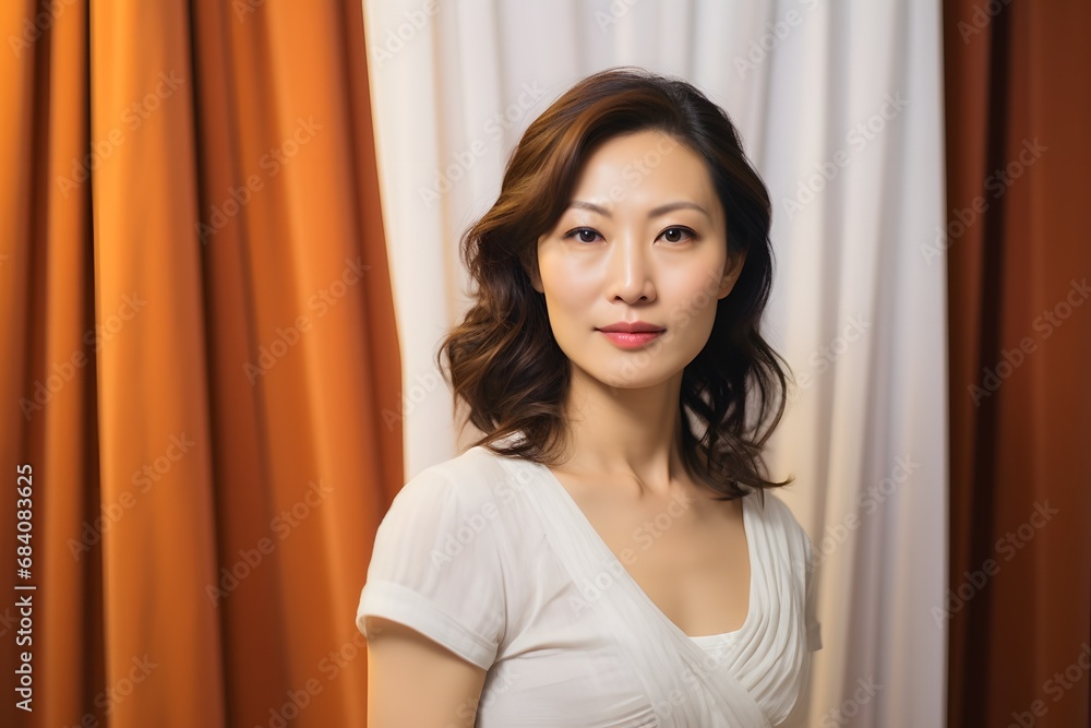 Elegant Woman Standing Confidently in Front of a Luxurious Red Curtain with Dramatic Lighting and Shadows. Generative AI Elegant Woman Standing Confidently in Front of a Luxurious Red Curtain with Dramatic Lighting and Shadows. Generative AI