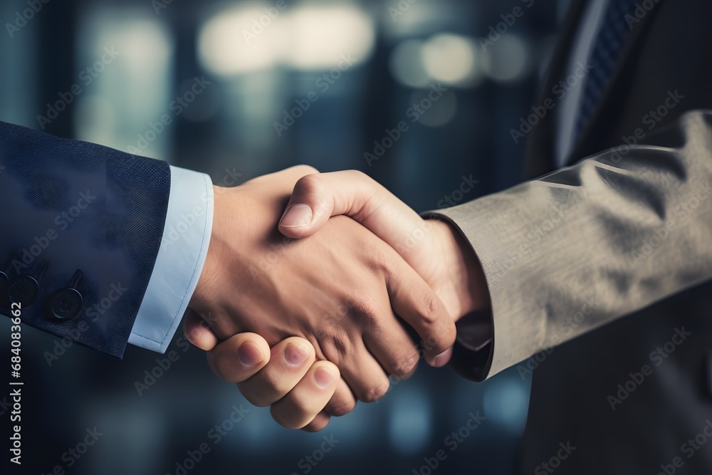 Businessmen sealing a deal with a handshake in a dimly lit room with a view of the city skyline through the window. Generative AI Businessmen sealing a deal with a handshake in a dimly lit room with a view of the city skyline through the window. Generative AI
