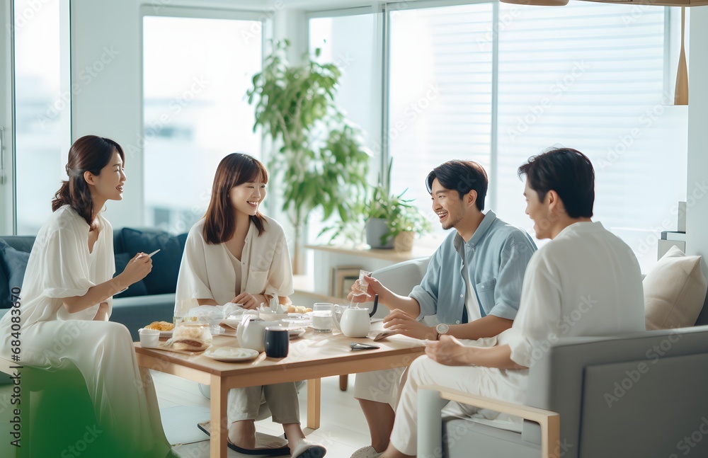 Friends enjoying a meal and drinks together at a cozy table in a restaurant with warm lighting and rustic decor. Generative AI Friends enjoying a meal and drinks together at a cozy table in a restaurant with warm lighting and rustic decor. Generative AI