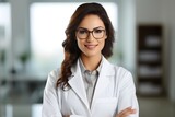 Confident female doctor in white coat and glasses standing with arms crossed and smiling at camera Generative AI