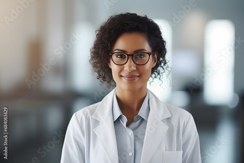 Friendly female scientist wearing lab coat and glasses standing confidently in laboratory room with a smile Generative AI