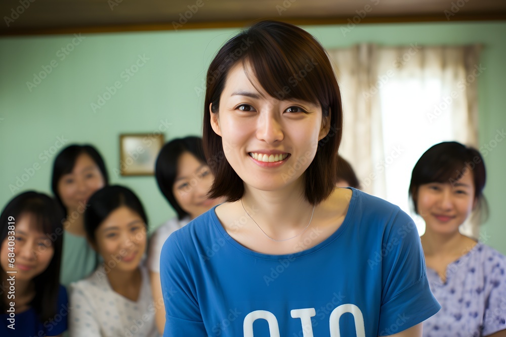 Happy woman in blue shirt standing confidently in front of a diverse group of supportive female friends Generative AI Happy woman in blue shirt standing confidently in front of a diverse group of supportive female friends Generative AI