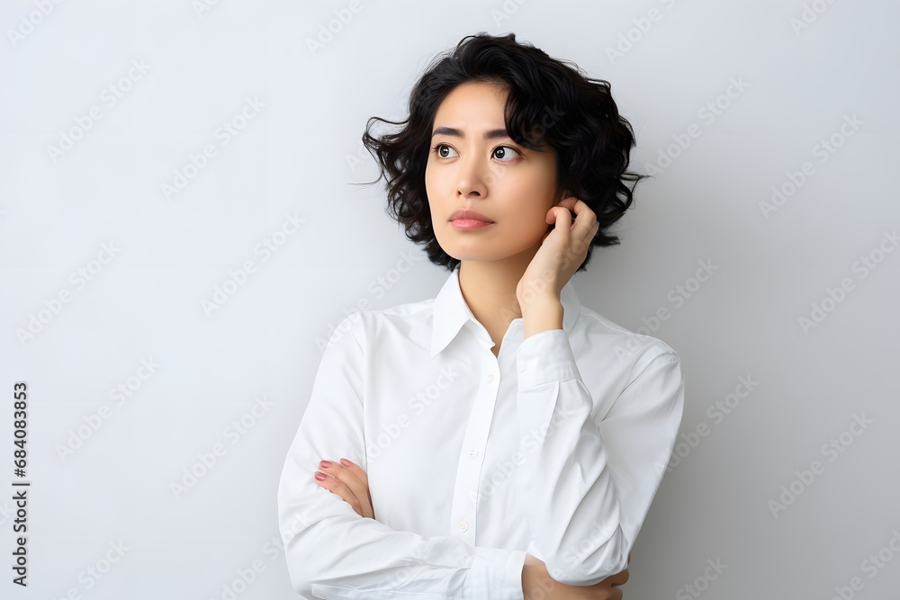 Contemplative young woman in white shirt posing with hands on chin, looking pensive and thoughtful. Generative AI Contemplative young woman in white shirt posing with hands on chin, looking pensive and thoughtful. Generative AI