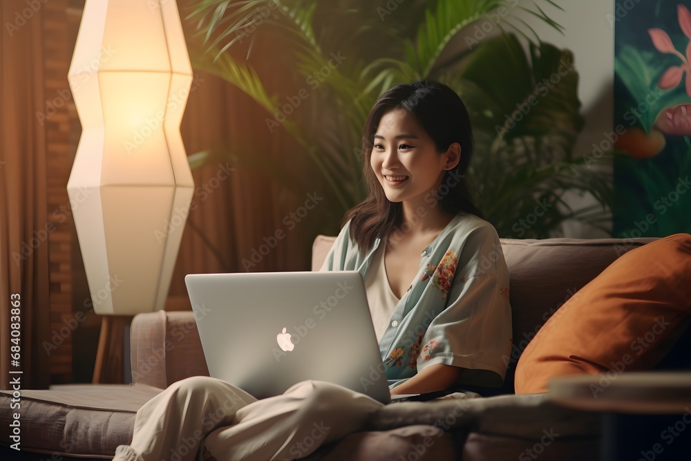 Relaxed woman working from home on a comfortable couch with a laptop computer in her lap Generative AI Relaxed woman working from home on a comfortable couch with a laptop computer in her lap Generative AI