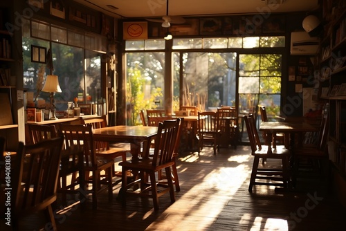 Cozy Dining Experience with Natural Sunlight Illuminating Rustic Wooden Tables and Chairs in Restaurant Interior Generative AI