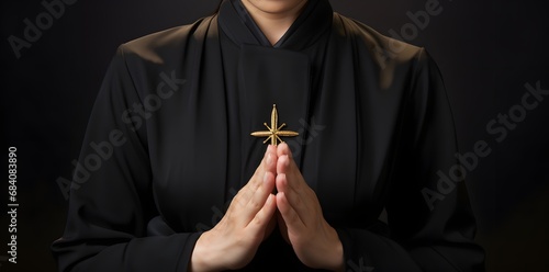 Devout Woman in Black Robe Holding a Cross with Faith and Devotion in Her Heart Generative AI photo