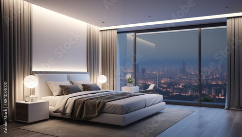White interior hotel bedroom with night city view outside the window © 대연 김