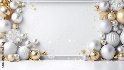 White frame background with gold and silver decorations. Minimalist and monochromatic