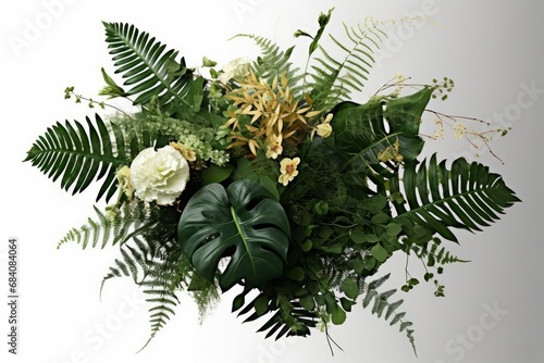 Tropical green leaves foliage plants bush  Monstera  fern and Eucalyptus leaves with gold glitter particles floral arrangement bunch for wedding and ceremony decoration  Generative AI 