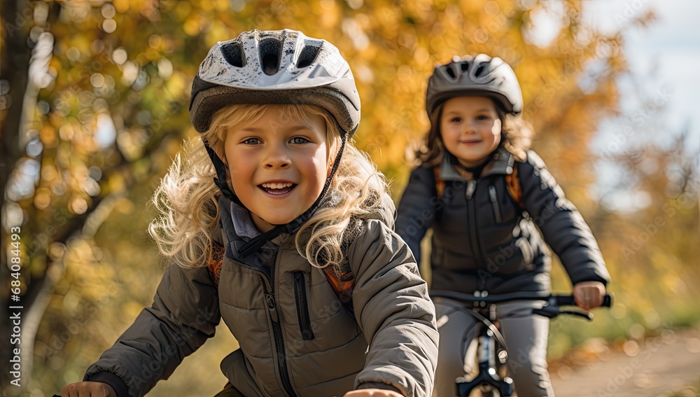A little girl is laughing and riding bicycles with friends. Generated by AI. A little girl is laughing and riding bicycles with friends. Generated by AI.