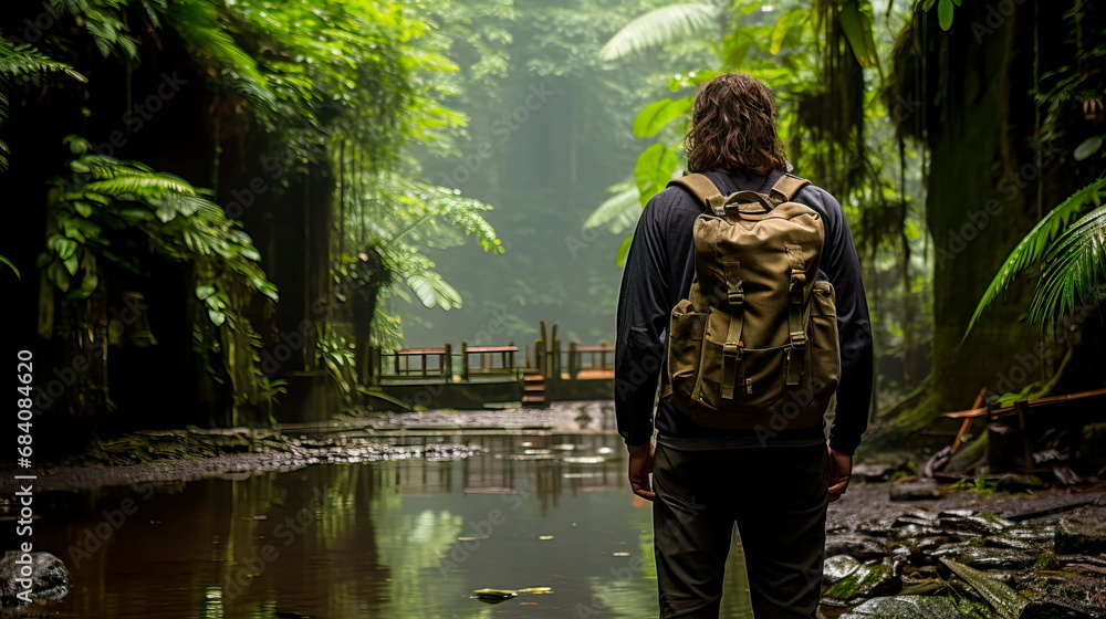 raveler exploring a lush rainforest, emphasizing the importance of preserving natural habitats. Generative AI