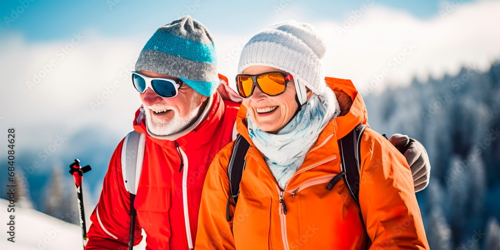 elderly couple skiing on mountain slopes . Generative AI elderly couple skiing on mountain slopes . Generative AI