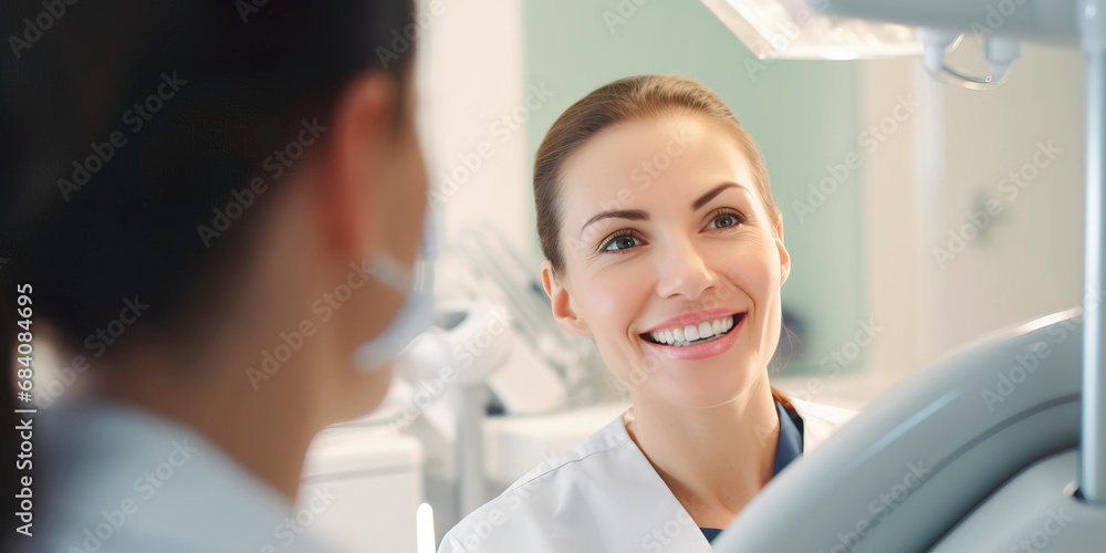 happy female patient checking her smile after brushing her teeth, consulting a dentist. Generative Ai happy female patient checking her smile after brushing her teeth, consulting a dentist. Generative Ai