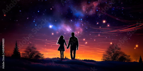 Evening background of lovers walking under the starry sky. Generative Ai