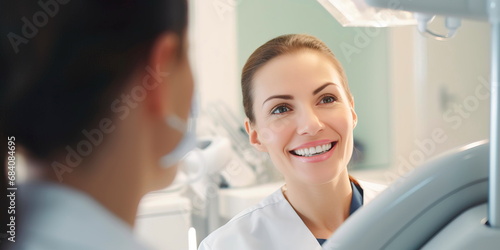 happy female patient checking her smile after brushing her teeth  consulting a dentist. Generative Ai