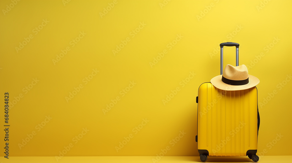 Yellow luggage and hat travel concept background copy space. 3D rendering. Travel concept - obrazy, fototapety, plakaty 
