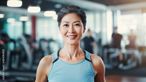 Middle-aged asian woman in a sport studio with women on background