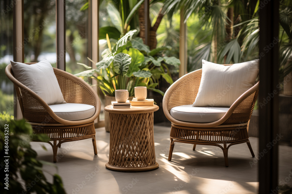 Fototapeta premium Cozy Wicker Chairs in Tropical Indoor Setting with Natural Light