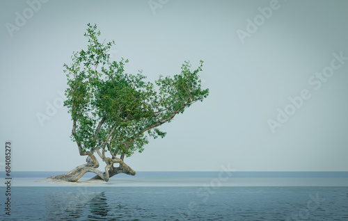 Lonely single tree middle of the sea with dramatic sunset at background. Lonely tree standing on water platform. Growth concept. 3D Rendering