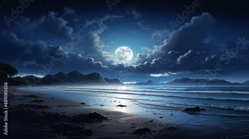  A tranquil  moonlit beach with gentle waves lapping against the shore. 