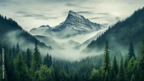 Landscape of Misty Forest and Mountain Range in Nature © senadesign