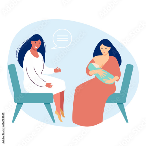 A young mother is breastfeeding a baby at a doctor's appointment. Consultation on breastfeeding.