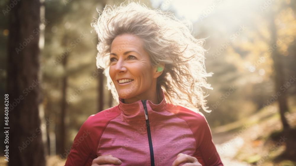 Portrait of a middle aged woman running in the wilderness with sun through the nature and leaves Portrait of a middle aged woman running in the wilderness with sun through the nature and leaves