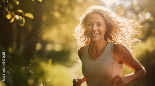 Portrait of a middle aged woman running in the wilderness with sun through the nature and leaves photo