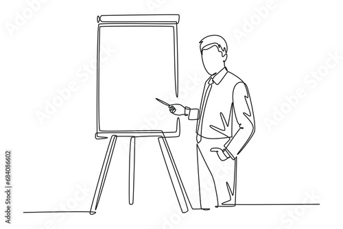 Single continuous line drawing young startup founder presenting new technology innovation in their apps to the investor. Business investment concept. One line draw graphic design vector illustration