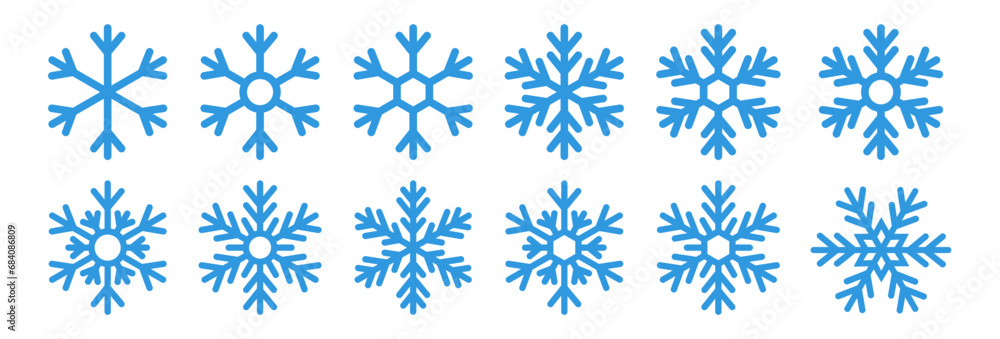 Set blue snowflake icons collection isolated on white background.	