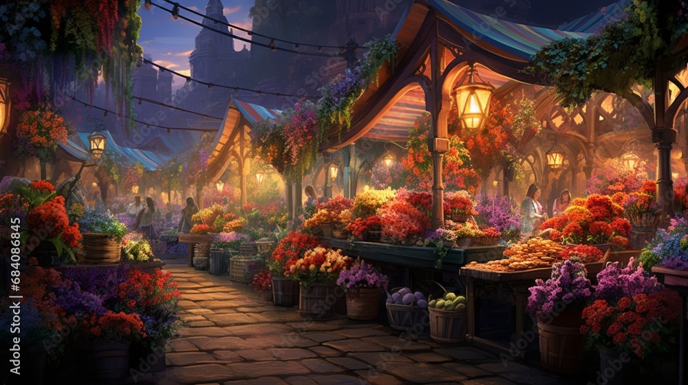 A vibrant flower market bustling with colors and fragrances, each bloom a testament to nature's intricate beauty.