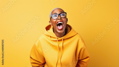 Portrait of a happy young african woman with glasses in yellow jacket on yellow background.