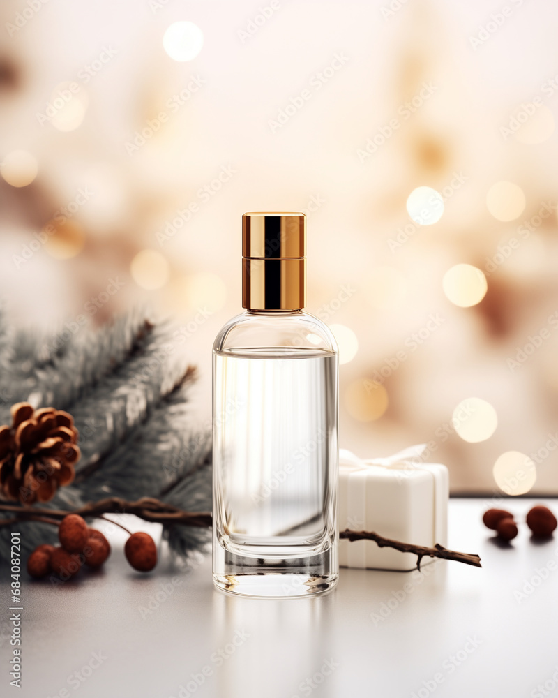 Mock up of elegant round glass perfume bottle. Isolated in Scandinavian Christmas background with holly and decorations. Beauty product packaging. Product photography. Holiday, winter celebration. Mock up of elegant round glass perfume bottle. Isolated in Scandinavian Christmas background with holly and decorations. Beauty product packaging. Product photography. Holiday, winter celebration.