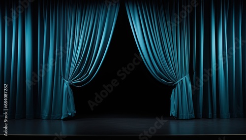 Blue velvet curtain opening screen. Elegance in performance. Theater curtain. Big stage entrance. Opera house photo